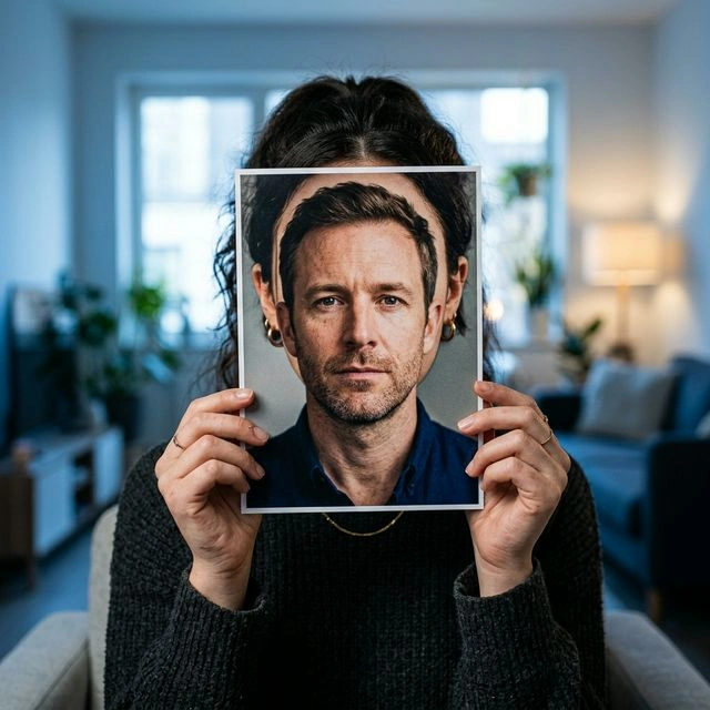 Concept of face swapping: a person holding a portrait photo aligned with their face.