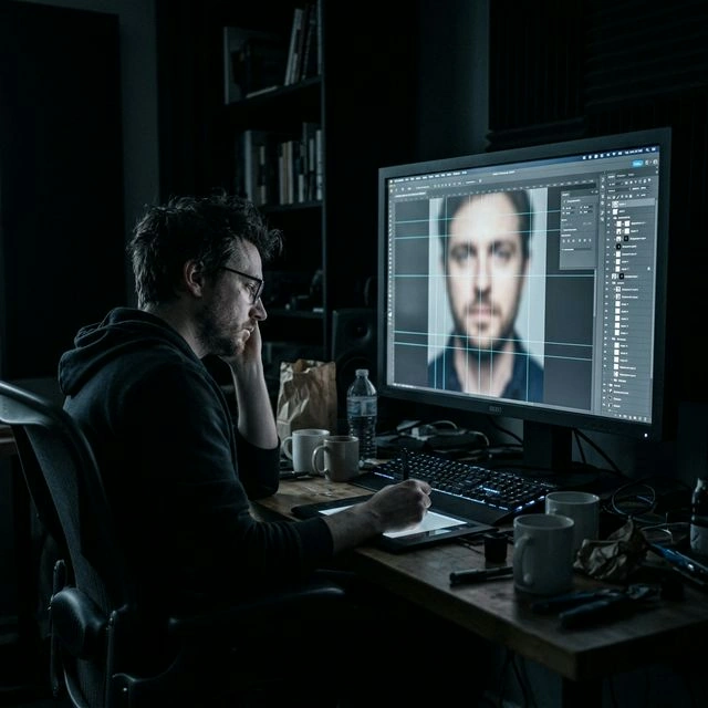 A retoucher in a dim room facing a complex Photoshop face-swap workflow on a large monitor.