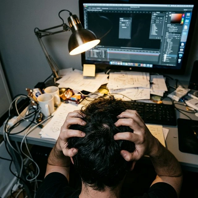 Hands near the head in frustration in front of a screen showing complex graphic editing.