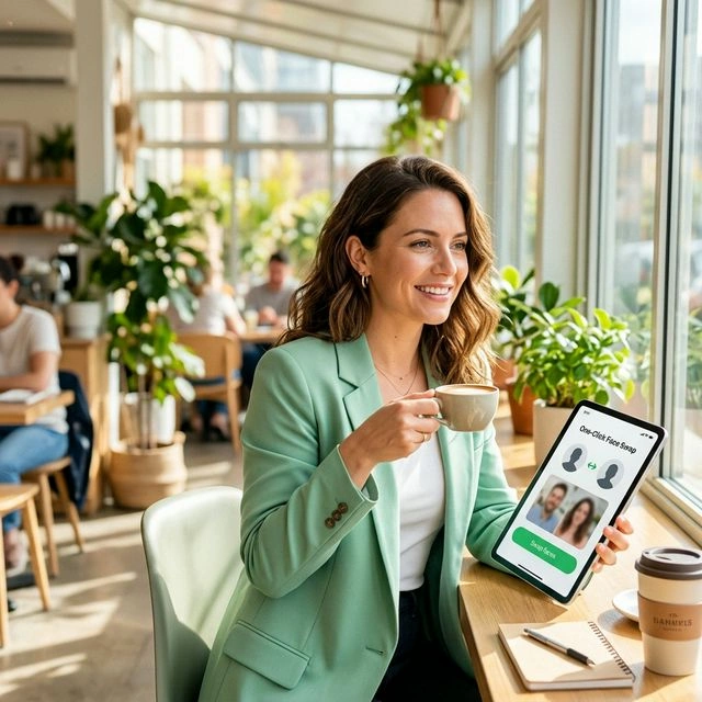 A smiling person in a bright cafe using a simple face-swap flow on a tablet.