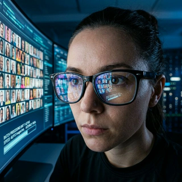 Reflection in anti-blue-light glasses showing many face thumbnails on a curved monitor.